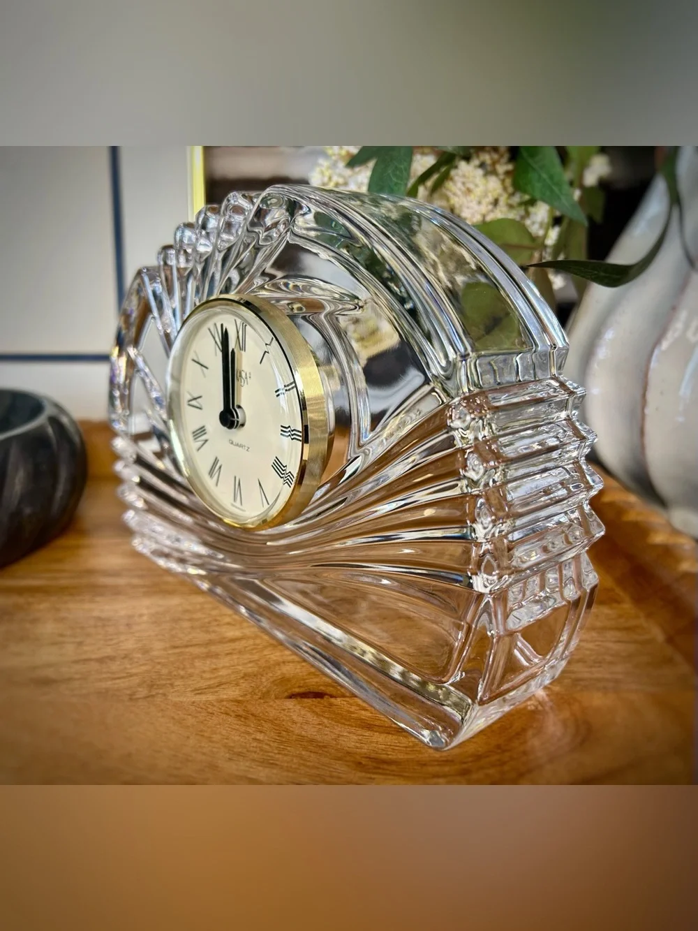 Mikasa Crystal Art Deco Fan Clock | Heavy German Quartz Desk Decor